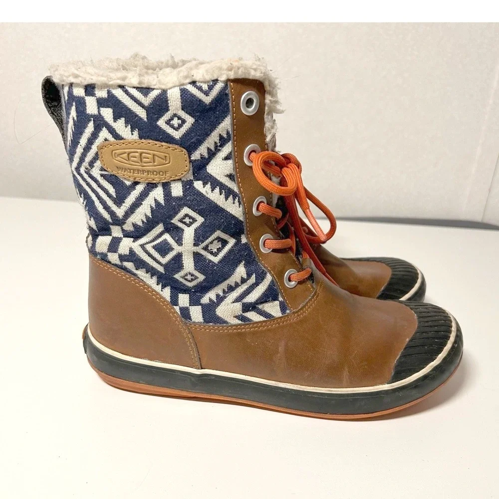Keen Elsa‎ Women 8.0 Ankle Boots Waterproof Lined Insulation Aztec Brown Blue